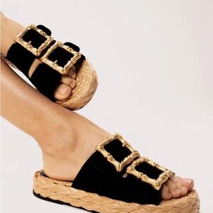SCHUTZ Black Suede Slide Sandals with Gold Buckles